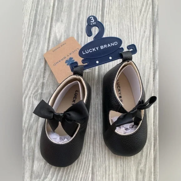 Lucky Brand Crib Shoes Black Bow 6-9 Months Size 3 Baby Girl - Picture 1 of 10